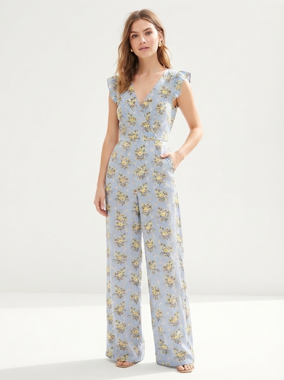 Happy Nature Blue Yellow Floral Ruffle Tie Back Wide Leg Jumpsuit Size 4 Pockets